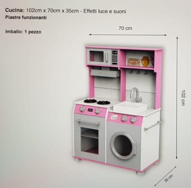 Cucina in legno per bambini colore rosa con accessori, forno e piastra funzionante con luce + lavandino e lavatrice.
