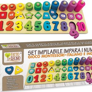 Fatto di Legno – Set Impilabile impara i numeri Gioco Montessori in Italiano e Inglese