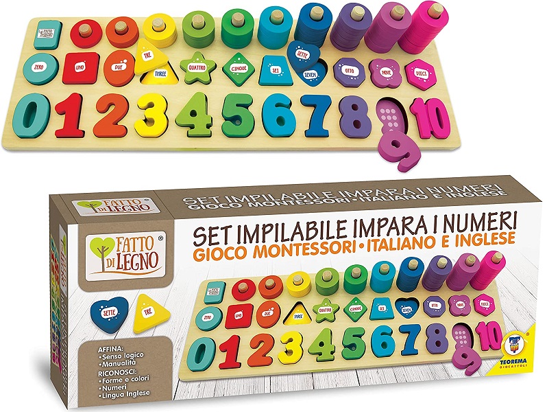 Fatto di Legno – Set Impilabile impara i numeri Gioco Montessori in Italiano e Inglese - immagine 2