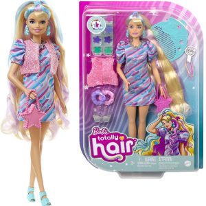 Barbie Totally Hair Super Chioma con abito a stelle, capelli fantasia lunghi 21,6cm, 15 accessori e con effetto cambia colore, 3+ Anni, HCM88
