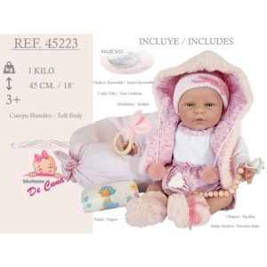 Munecas De Cuna – Bambolotto Artigianale Reborn con cuscino nido e ciccio e accessori in legno sogg. Femminile