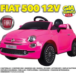 Auto Fiat 500  12v.R/C –  Mp3  luci e suoni Col.Rosa/Fuxia