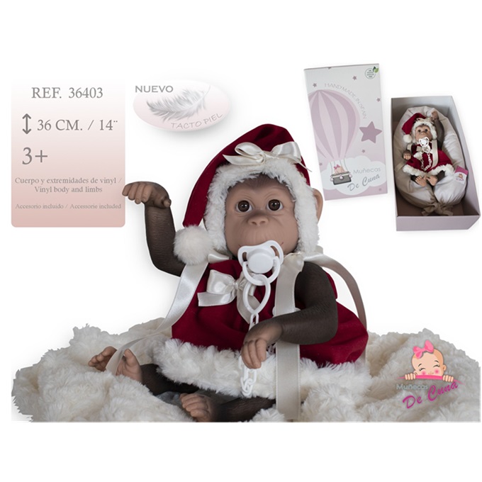 Munecas De Cuna – Bambolotto Artigianale Reborn Scimmietta con ciuccio e cuscino NATALIZIO sogg. FEMMINILE - immagine 2