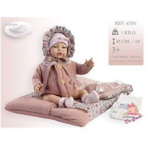 Munecas De Cuna – Bambolotto Artigianale Reborn con cuscino nido, ciuccio pannolino e certificato sogg. Femminile