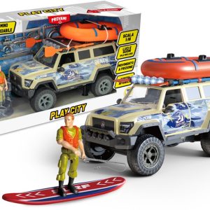 PLAY CITY – PLAYSET BEACH SURFING JEEP SCALA 1:16 CON LUCI E SUONI PORTE APRIBILI E MOVIMENTO A FRIZIONE