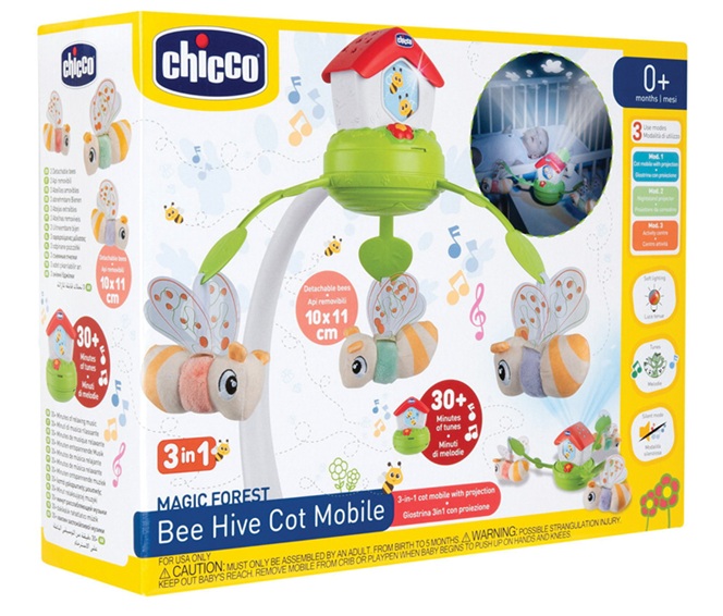 Chicco Giostrina Casina delle Api, Giostrina Evolutiva 3in1 per Culle Centro Attività Elettronico, 30 Minuti di melodie rilassanti 3 Peluches, 0 Mesi+