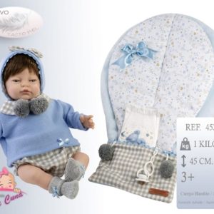 Munecas De Cuna – Bambolotto Artigianale Reborn con capelli,cuscino nido, ciuccio pannolino e certificato sogg. Maschile