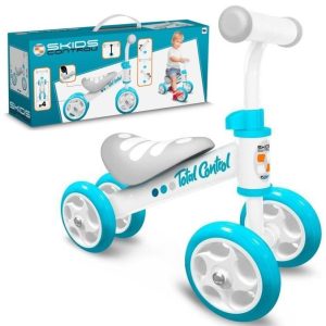 Triciclo Moto Cavalcabile primipassi a 4 ruote Skids Control con sedile confort Col.AzzurroBianco
