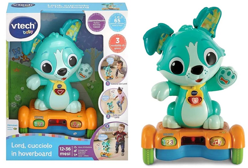 VTech Lord Cucciolo in Hoverboard, Cagnolino Giocattolo che Cammina, Cane Giocattolo Automatico con Sensori di Movimento, 3 Canzoni e 15 Melodie, Lingua Italiana, Batterie Incluse, 12-36 Mesi