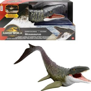 Mattel Jurassic World Rebirth – Mosasauro Super Colossale, enorme dinosauro snodato con due mosse d’attacco, look fedele al film, giocattolo per bambini, 4+ anni, JGB51