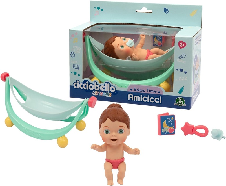 Amicicci – Relax Time, Dondola culla per il sonnellino, con libro, sonaglino e ciuccio. Include 1 personaggio Cicciobello - immagine 2