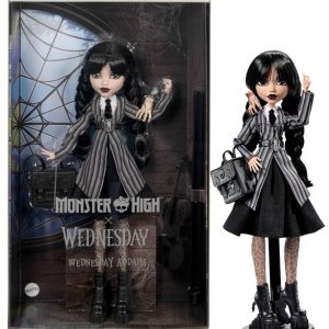 Monster High Mercoledì, bambola e accessori, Mercoledì Addams da collezione in uniforme Nevermore Academy con Mano; zaino e piedistallo per bambola, HXJ04