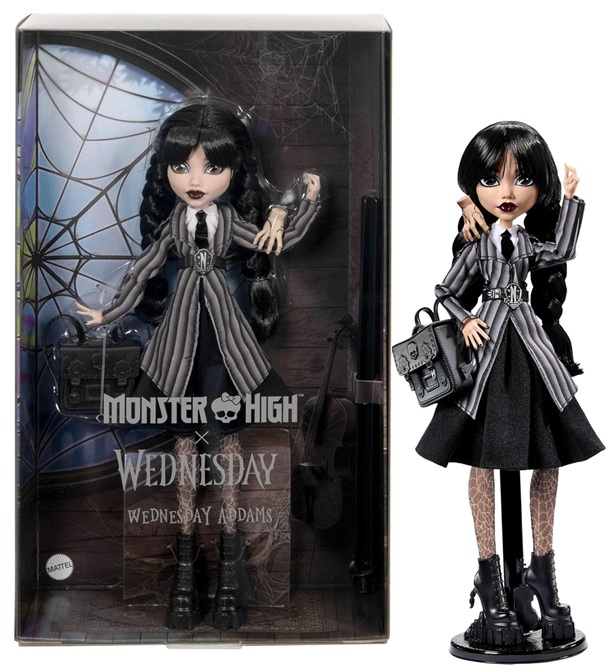 Monster High Mercoledì, bambola e accessori, Mercoledì Addams da collezione in uniforme Nevermore Academy con Mano; zaino e piedistallo per bambola, HXJ04 - immagine 2