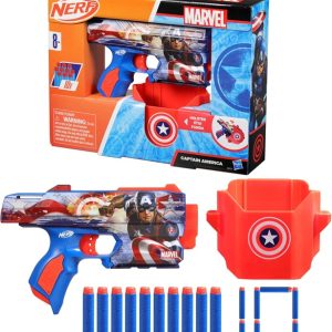 Nerf Marvel Captain America Dart Blaster, 10 freccette Elite in schiuma per bambini da 8 anni in su