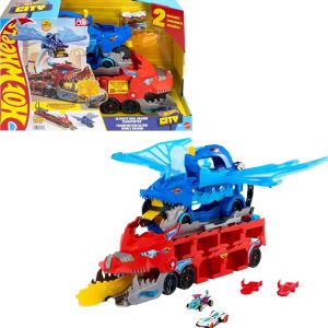 Hot Wheels City Drago Trasportatore Trasformabile e 2 macchinine Die-Cast, Drago di Grandi Dimensioni e Drago Rimovibile, può Contenere più di 20 Veicoli, JBM72