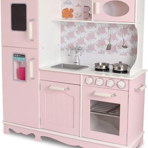 Cucina in legno con 3 moduli, design vintage, cucina giocattolo con ampio spazio di archiviazione, accessori in metallo inclusi, dimensioni 91 x 30 x 102 cm, rosa