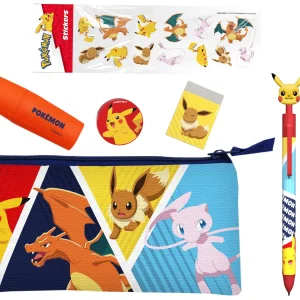 POKEMON - Set Cancelleria con Astuccio Triplo & Adesivi - 7 Pezzi